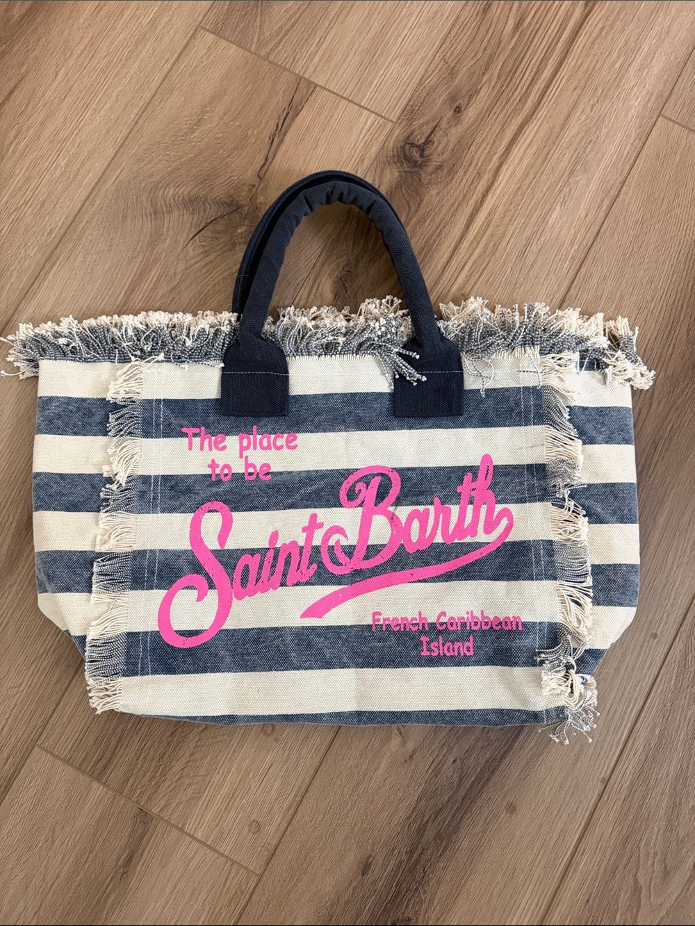 MC2 Saint Barth Navy & White Striped Canvas Tote with Pink Logo